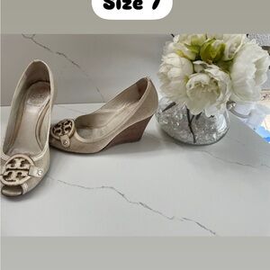 Tory Burch Beige Wedge Peep-Toe Shoes